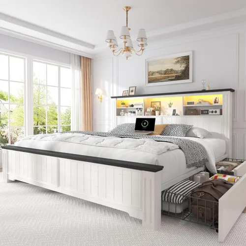 EnHomee Marco de cama tamaño king con cabecero y almacenamiento, 4 cajones y estación de carga LED incorporada, marco de cama tamaño king con Blanco