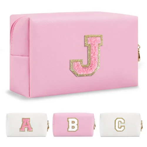 Miniatura 188 de Pequeña bolsa de maquillaje personalizada con inicial A-Z Preppy Patch, bolsa de cosméticos de viaje de felpilla blanca con cremallera, bonita bolsa