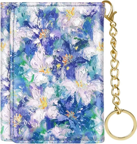 Billetera triple para mujer, pequeña, delgada, con bloqueo RFID, bonito tarjetero de cuero con bolsillo largo para efectivo y llavero, Azul Flores,
