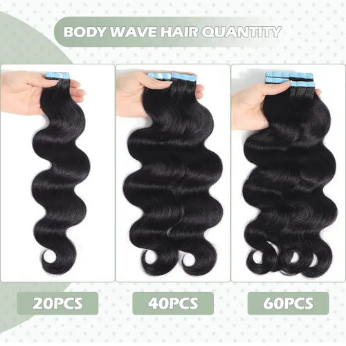 Miniatura 4 de Urbeauty 40 extensiones de cabello con cinta adhesiva, negro, ondulado, invisible, 100% cabello humano real, 3.53 oz/paquete, color negro natural
