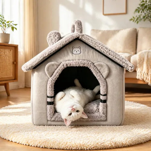 Miniatura 10 de Cama para gatos de interior, cama tipo cueva de gato con diseño de dibujos animados, diseño de mango, escondite suave para interiores, bonita casa
