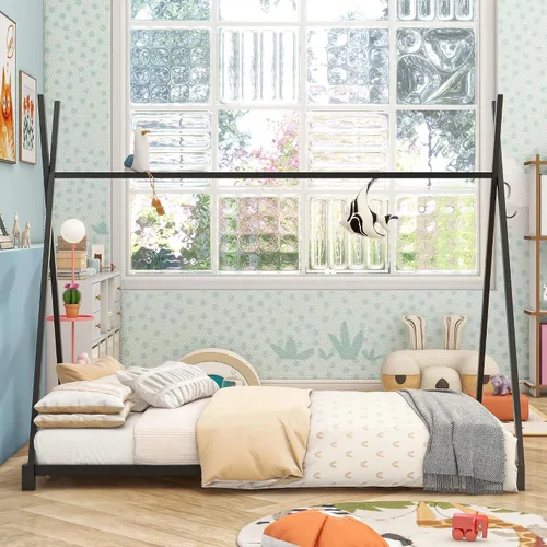 SOFTSEA Marco de cama con plataforma de cama de piso doble con estructura triangular Negro