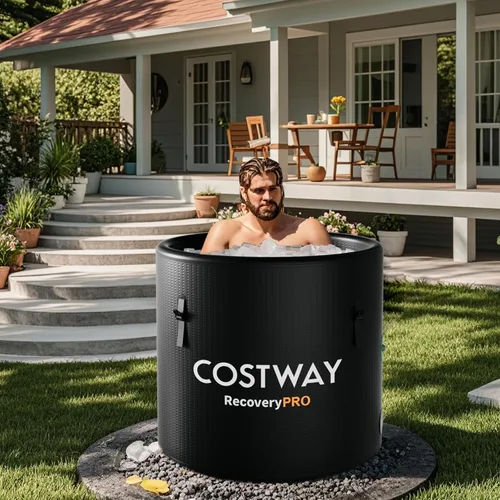 Miniatura 9 de COSTWAY L - Tina de baño de hielo ovalada de 79 galones con tapa, bañera inflable portátil para exteriores con mochila, bomba, para terapia de frío