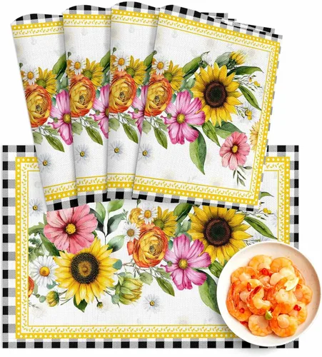 Miniatura 19 de Juego de 4 manteles individuales de verano con diseño de limón, lavables, de PVC, color negro y blanco, a cuadros amarillos, manteles individuales