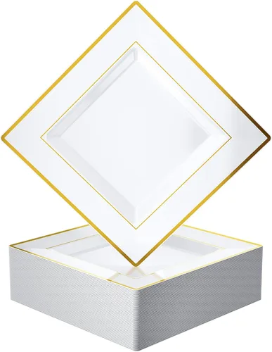 JOLLY CHEF Paquete de 60 platos llanos de plástico, platos cuadrados de plástico dorado con elegante borde dorado de 9.5 pulgadas, desechables para