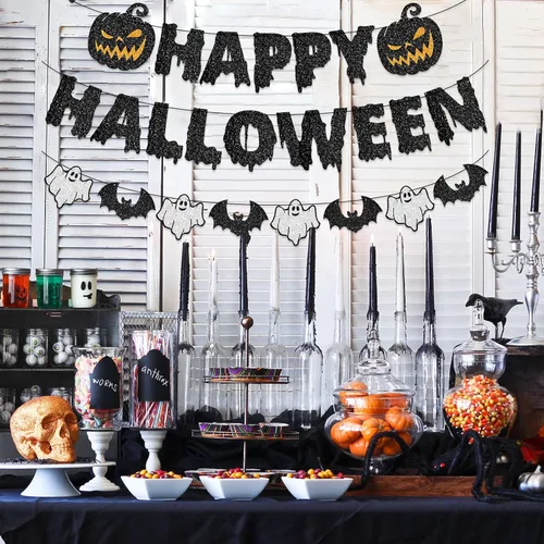 Miniatura 4 de Cartel de Feliz Halloween, guirnalda de papel para colgar, decoración de calabaza sangrienta, telón de fondo de fotos para pared, hogar, manto