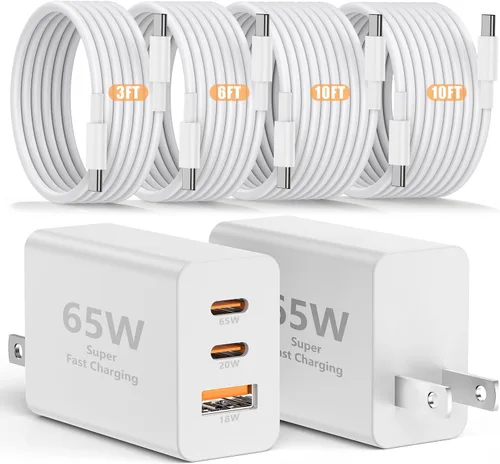 Miniatura 18 de Susnwere Cargador de pared USB C de 65 W para Samsung S26 Ultra, 3 puertos de 100 W PD rápida 3.0 tipo C carga con cable USB C de 3/6/10/10 pies