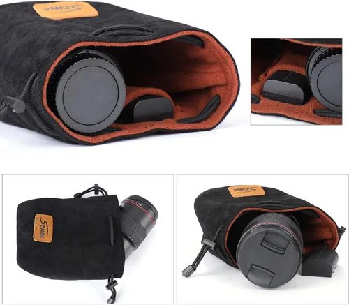 Miniatura 5 de S-ZONE Bolsa suave para cámara DSLR, bolsa de inserción con cordón, funda de lente compatible con Canon Nikon Sony Negro