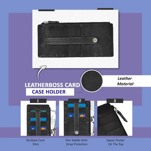 Miniatura 6 de Leatherboss - Funda para tarjetas todo en uno, cartera delgada con correa de protección para tarjetas, Negro -, Cartera con tarjetero