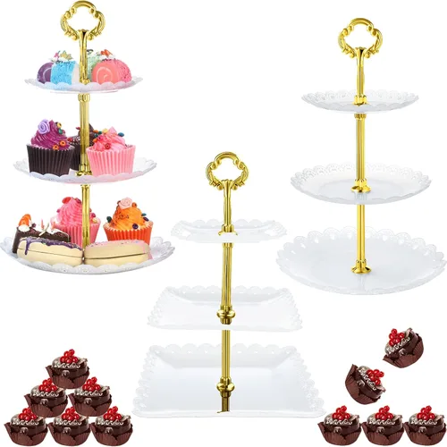 Miniatura 8 de Honeydak 3 juegos de bandejas de 3 niveles para servir postres de 3 niveles, soporte de postre de boda, soporte de plástico de polipropileno