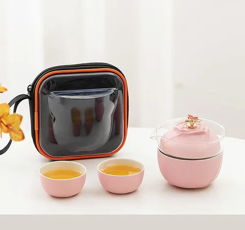 Juego de té de viaje, juego de té chino, taza de kung fu, juego de té de gaiwán, juego de té portátil, juego de té rosa mariposa, tetera todo en