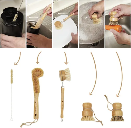 Miniatura 3 de Juego de cepillos de bambú natural con soporte - Cepillo de madera ecológico para platos
