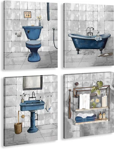 Arte de pared de baño con tema retro azul enmarcado, decoración de granja, impresiones en lienzo de estilo vintage para decoración de ducha, baño,