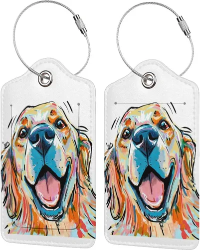 Etiquetas de cuero para equipaje de perro Golden Retriever de acuarela para maletas con lazo de acero inoxidable, cubierta de privacidad completa,