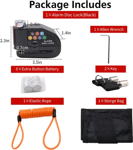 Miniatura 2 de Set de Candado de Disco con Alarma, Candado de Freno, Antirrobo Impermeable 110 dB con Pasador de 7 mm y Cable de Recordatorio de 1.5 m
