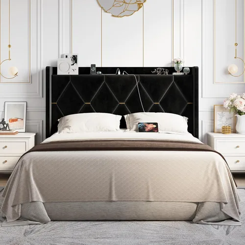 Miniatura 3 de Allewie Base de cama tapizada Velvet Queen con cabecera de almacenamiento con respaldo alado y estación de carga, cama de plataforma con diseño Negro