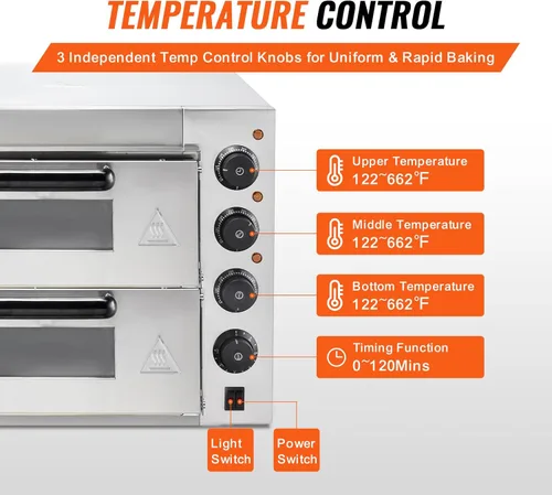 Miniatura 4 de Horno de pizza comercial VEVOR para encimera, capa doble de 14", horno de pizza eléctrico de acero inoxidable con piedra y asa, horno de pizza