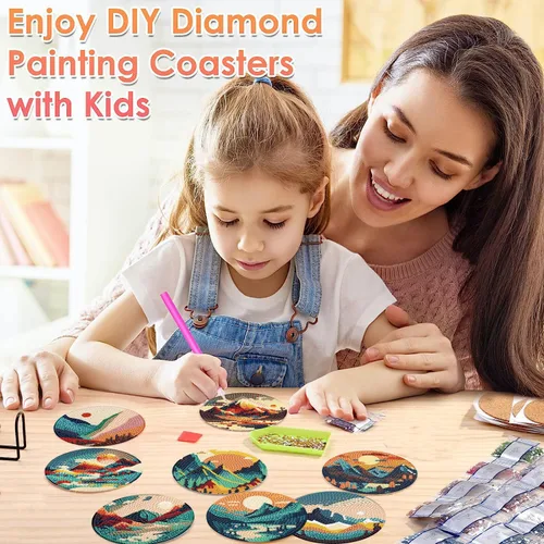 Miniatura 6 de ijbnhd 8 posavasos de pintura de diamante al atardecer con soporte, posavasos de arte abstracto de diamantes para principiantes, suministros