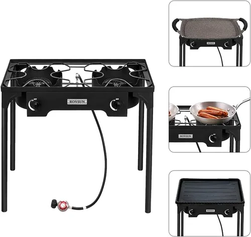 Miniatura 2 de Bonnlo Estufa de gas de propano portátil de 2 quemadores para exteriores, quemador de hierro fundido resistente con patas de soporte desmontables