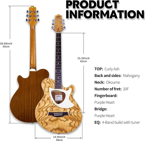 Miniatura 3 de Guitarra eléctrica acústica de 39 pulgadas, cuerpo delgado, afinador incorporado, cuerpo de acabado natural brillante de madera de fresno