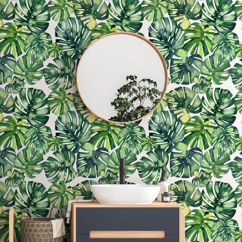 Miniatura 5 de CHIHUT Papel tapiz de hojas de palmera tropical de Monstera con diseño de acuarela para despegar y pegar botánico para sala de estar, dormitorio
