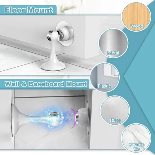 Miniatura 3 de Topes magnéticos para puerta, paquete de 4, topes de puerta de acero inoxidable para montaje en pared y piso, soporte de puerta mantiene la puerta