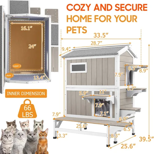 Miniatura 7 de PetsCosset Casa Aislada para Gatos de Exterior Resistente a la Intemperie con Balcón, Aislamiento Integral, Refugio de Madera para Gatos Ferales