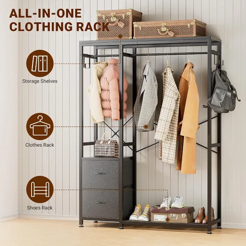 Miniatura 2 de Lulive - Perchero de ropa, estante resistente para colgar ropa, estantes industriales para ropa con 2 cajones de tela, 4 ganchos, 2 varillas