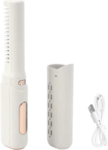 Mini alisador de pelo recargable inalámbrico, cepillo de peine portátil con 3 temperaturas ajustables para todo tipo de cabello (caqui)