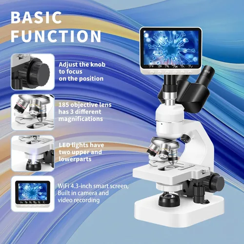 Miniatura 2 de Microscopio trinocular 40x-2000x Ampliación de doble capa con luces LED en la parte superior e inferior, perillas de enfoque dual gruesas