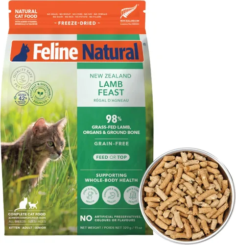 Alimento para gatos seco de alta proteína de Feline Natural, dieta liofilizada con 98% carne, órganos y mariscos, sin guisantes, granos o aditivos