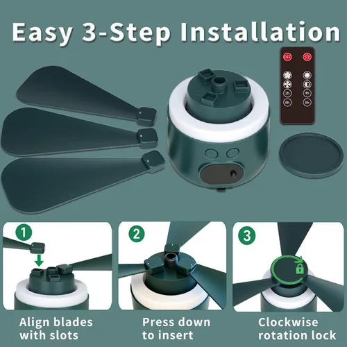 Miniatura 9 de Ventilador de techo inalámbrico portátil con control remoto, diseño de 3 aspas, batería de 10040 mAh operado por pilas, ventilador colgante