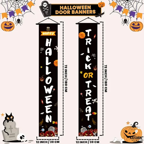 Miniatura 2 de KatchOn, Cartel de Feliz Halloween de Trick or Treat – Grande, 72 x 12 pulgadas Cartel negro para puerta de Halloween para decoraciones