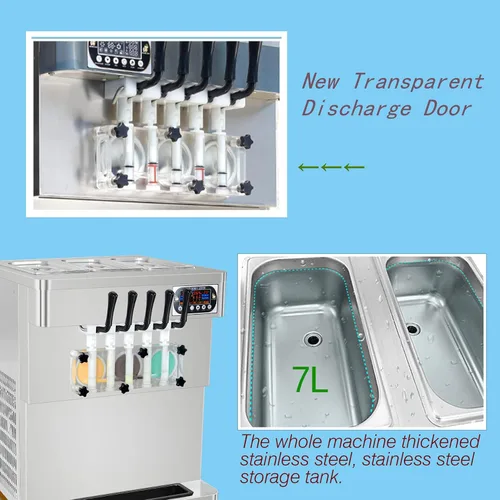 Miniatura 4 de Máquina comercial de helado de 3+2 sabores mixtos, máquina de helado de 5 sabores con puerta de descarga transparente completa y 5 formas diferentes