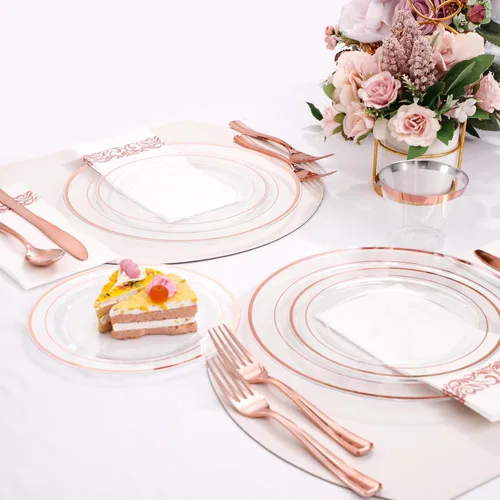 Miniatura 7 de Juego de vajilla de 350 piezas de color oro rosa de DaYammi – Incluye: 50 platos de cena de 26 cm, 50 platos de postre de 19 cm, 50 cubiertos de oro
