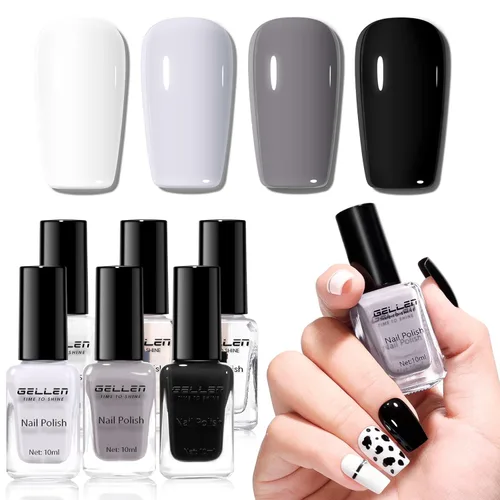 GELLEN Juego de Esmalte de Uñas en 4 Colores Negro, Blanco, Gris & Base y Capa Superior, Esmalte de Uñas de Tendencia Otoño/Invierno Negro, Blanco y