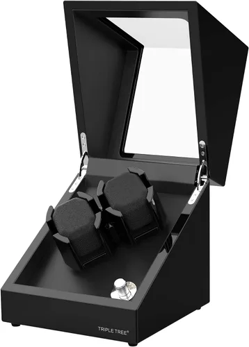 Miniatura 3 de TRIPLE TREE Enrollador de reloj doble para relojes automáticos, caja automática de reloj con acabado de piano de carcasa de madera, con motor