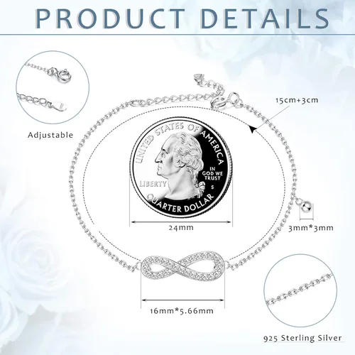 Miniatura 2 de Sllaiss Pulsera de plata de ley 925 con infinito para mujer, cadena de eslabones pequeños, ajustable, 6 pulgadas para aniversario