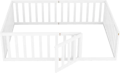 Miniatura 7 de Cama de suelo para niños de tamaño matrimonial con valla, cama de madera con puerta, barandillas en forma de valla, cama de valla para niños, fácil