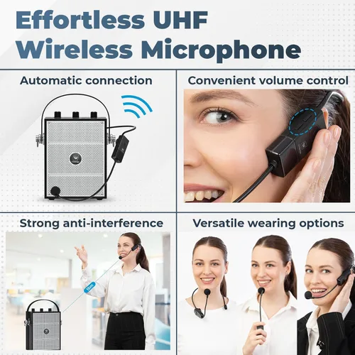 Miniatura 5 de Amplificador de voz, sistema PA portátil con micrófono de diadema inalámbrico y altavoz, micrófono portátil Bluetooth de 40W y altavoz