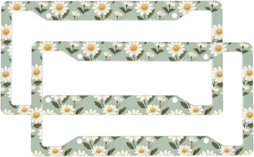 2 Pcs Car License Plate Frames for Women Men - Vintage Daisy White Print Solid Aluminum License Plate Cover for Car Accessories for Women Men with