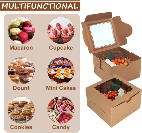 Miniatura 5 de XINHPKGG 100 cajas de galletas de 4 x 4 x 2.5 pulgadas, cajas de panadería con ventana, caja de postre para recuerdos de boda, fiesta, color marrón
