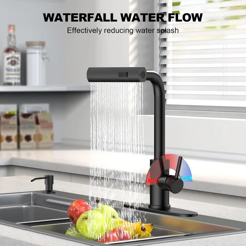 Miniatura 3 de AVSIILE Grifos de cocina en cascada de color negro mate con rociador desplegable y dispensador de jabón, un solo orificio y mango, grifo extraíble