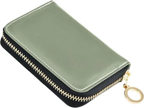 Small RFID Credit Card Holder Wallet with Zipper, Leather Wallet Case for Women Light Green Background