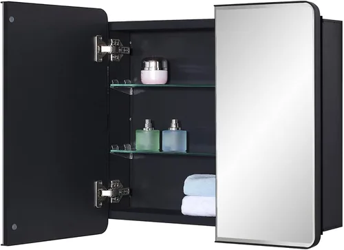 Miniatura 12 de IDYLLOR Gabinete de espejo de baño negro para medicinas con puerta con esquinas redondas y borde biselado, 15 x 25 pulgadas, montaje empotrado