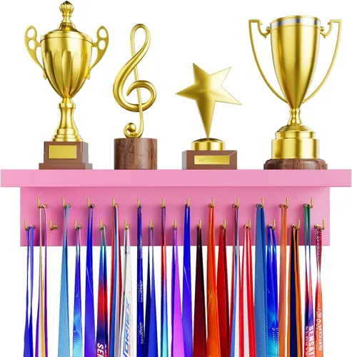 Miniatura 10 de Soporte para Medallas y Organizador de Estante para Trofeos, Soporte Robusto de Madera para Premios de Carreras con 25 Ganchos de Acero, Soporte