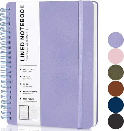 Miniatura 20 de Cuaderno de diario con líneas en espiral, cuaderno A5 de cuero de tapa dura para el trabajo, 5.7''×8.2'', papel grueso de 100GSM encuadernado