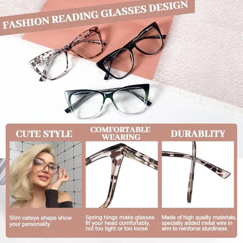 Miniatura 3 de Gafas de lectura de ojo de gato para mujer, elegantes lectores de gran tamaño con bisagras de resorte 1.0 1.25 1.5 1.75 2.0 a 3.5 4.0 Leopardo
