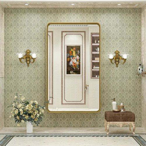 Miniatura 7 de TokeShimi Espejo de baño dorado para pared, de 48 x 30 pulgadas, espejo rectangular de esquina redondeada de metal, espejo de pared en aleación