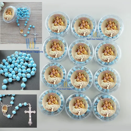 Miniatura 5 de WE Rosario azul perfumado para bautismo para bebé niño, 12 rosarios de madera con caja de regalo individual y bolsas/Recuerdos de mi Bautizo